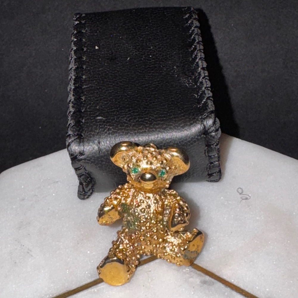 Gold Teddy Bear Brooch with Green Accents